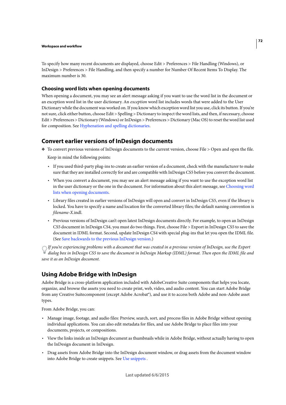 Choosing word lists when opening documents, Convert earlier versions of indesign documents, Using adobe bridge with indesign | Adobe InDesign CC 2015 User Manual | Page 77 / 643