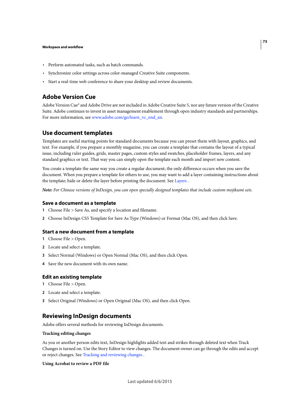 Adobe version cue, Use document templates, Save a document as a template | Start a new document from a template, Edit an existing template, Reviewing indesign documents | Adobe InDesign CC 2015 User Manual | Page 78 / 643