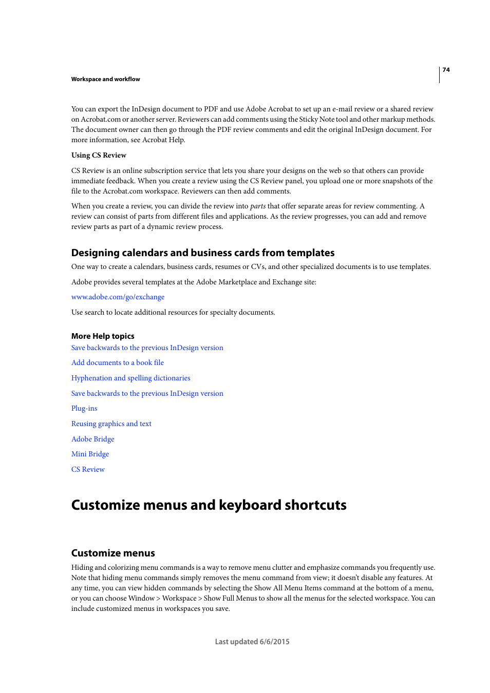 Customize menus and keyboard shortcuts, Customize menus | Adobe InDesign CC 2015 User Manual | Page 79 / 643