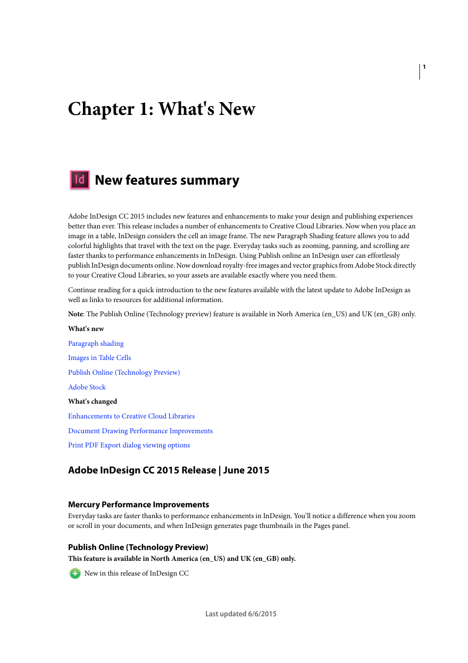 Chapter 1: what's new, New features summary, Adobe indesign cc 2015 release | june 2015 | Mercury performance improvements, Publish online (technology preview) | Adobe InDesign CC 2015 User Manual | Page 8 / 643