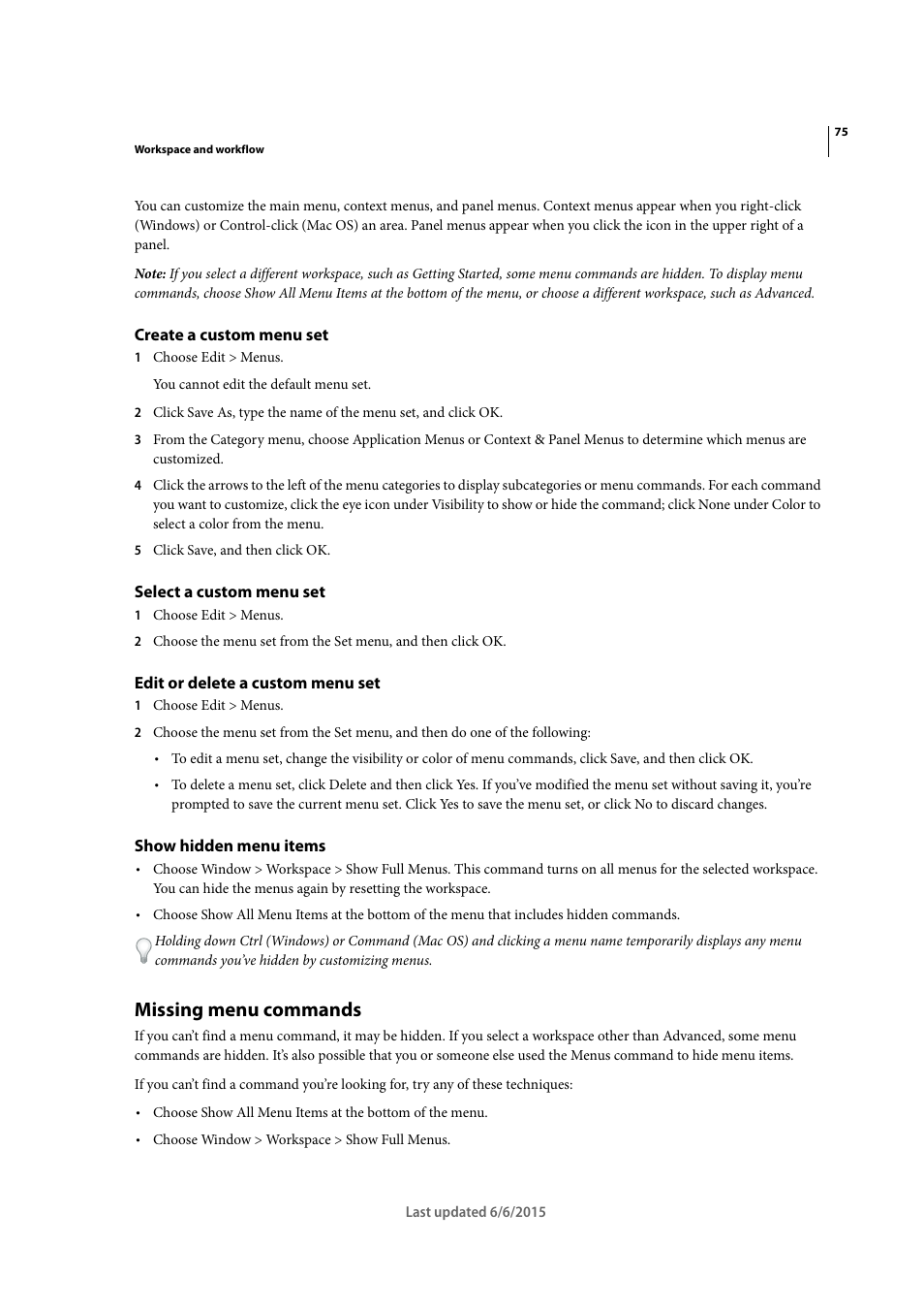 Create a custom menu set, Select a custom menu set, Edit or delete a custom menu set | Show hidden menu items, Missing menu commands | Adobe InDesign CC 2015 User Manual | Page 80 / 643