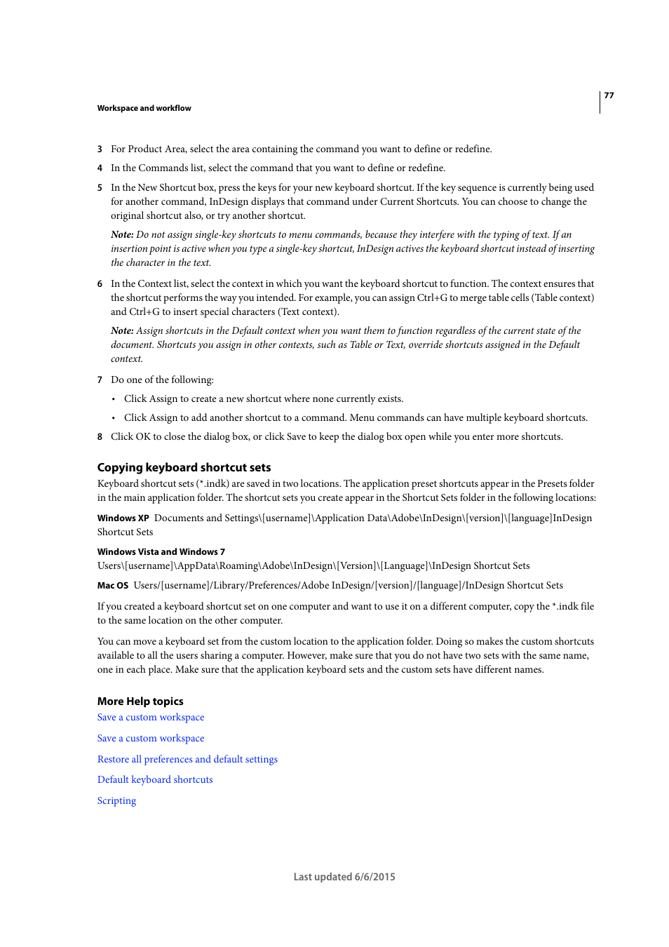 Copying keyboard shortcut sets | Adobe InDesign CC 2015 User Manual | Page 82 / 643