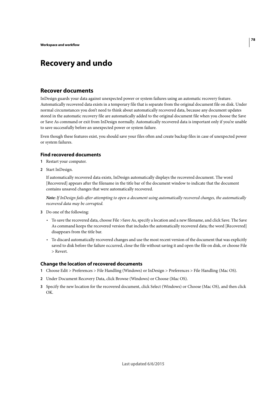 Recovery and undo, Recover documents, Find recovered documents | Change the location of recovered documents | Adobe InDesign CC 2015 User Manual | Page 83 / 643