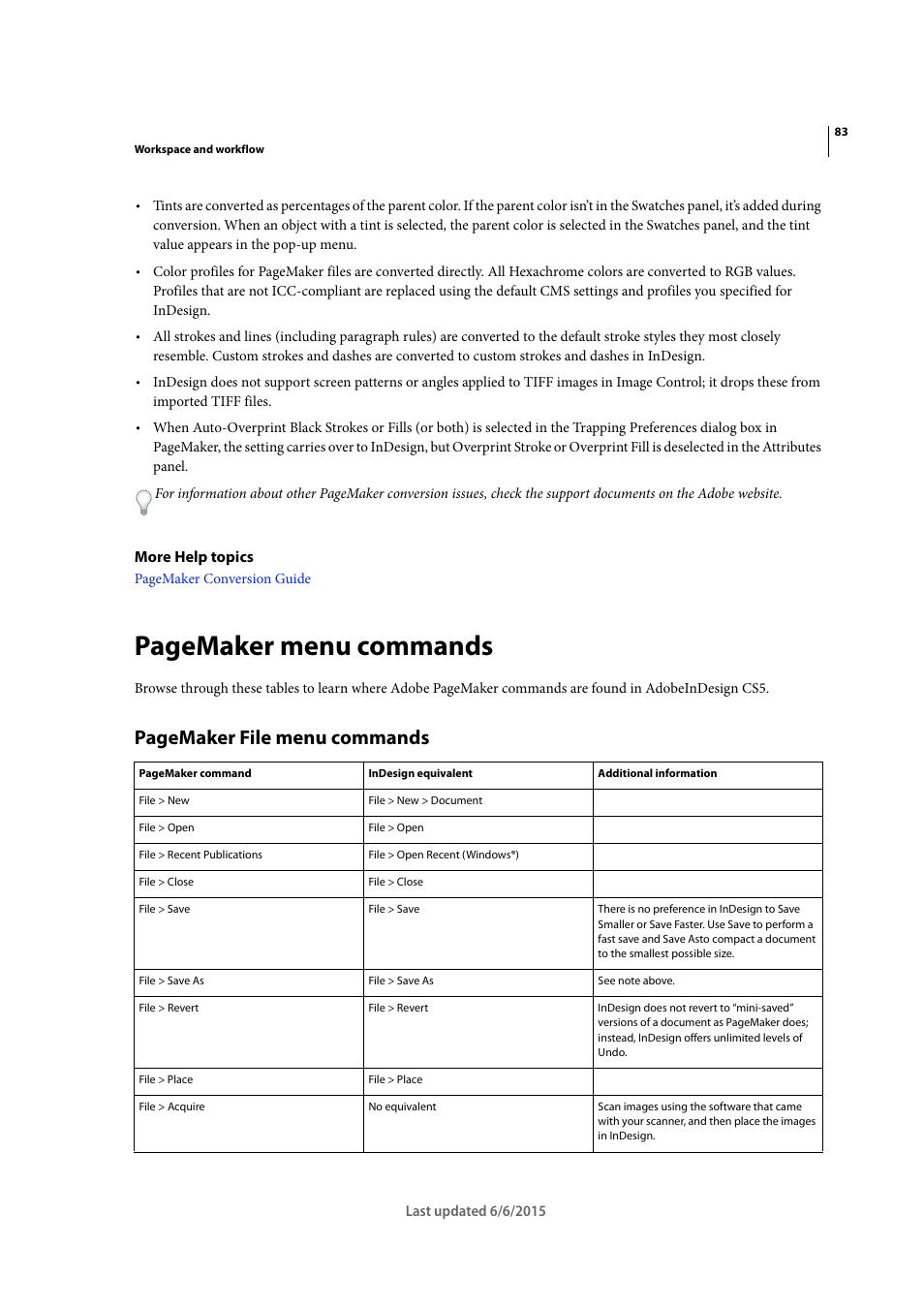 Pagemaker menu commands, Pagemaker file menu commands | Adobe InDesign CC 2015 User Manual | Page 88 / 643