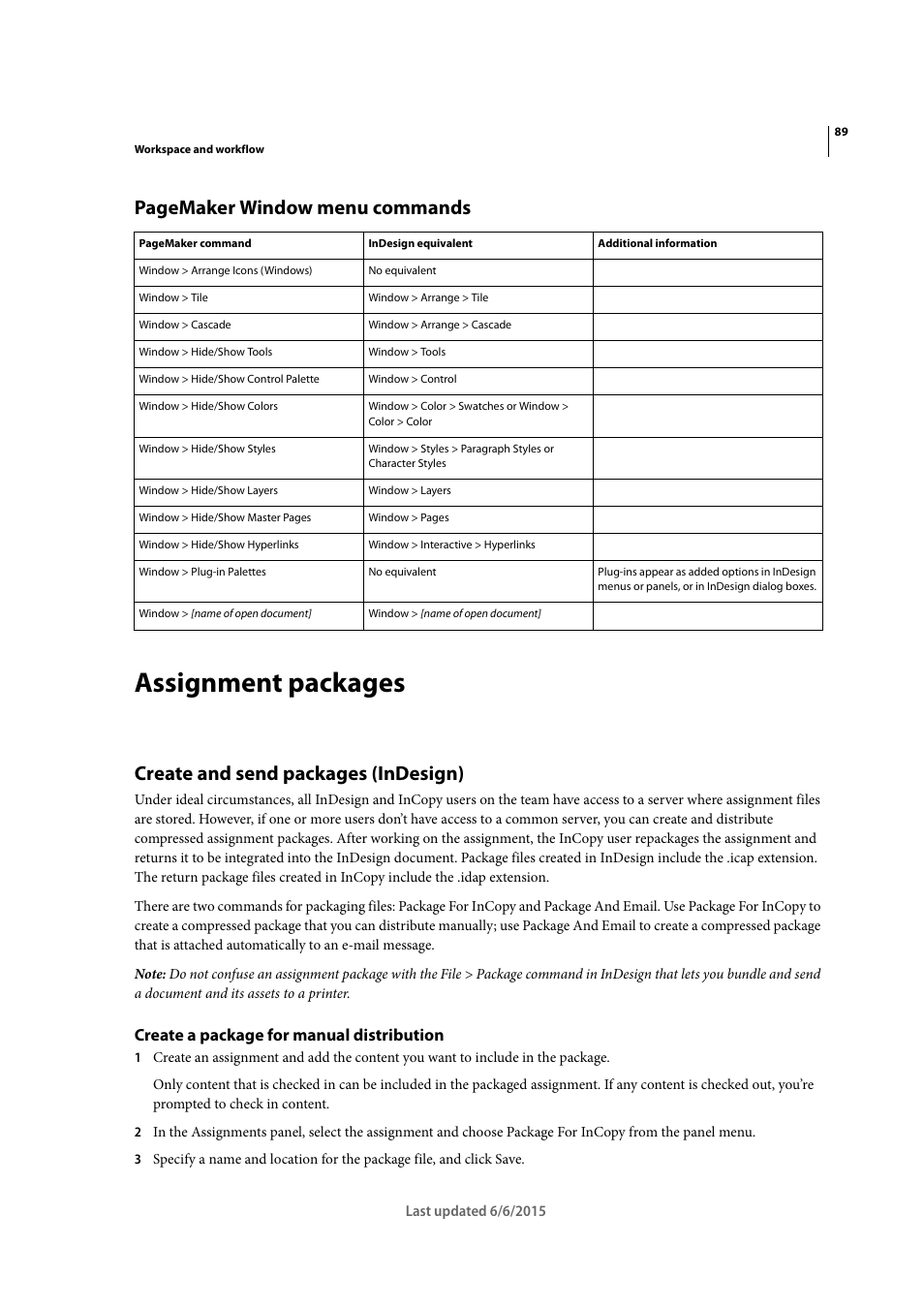 Assignment packages, Create and send packages (indesign), Create a package for manual distribution | Pagemaker window menu commands | Adobe InDesign CC 2015 User Manual | Page 94 / 643