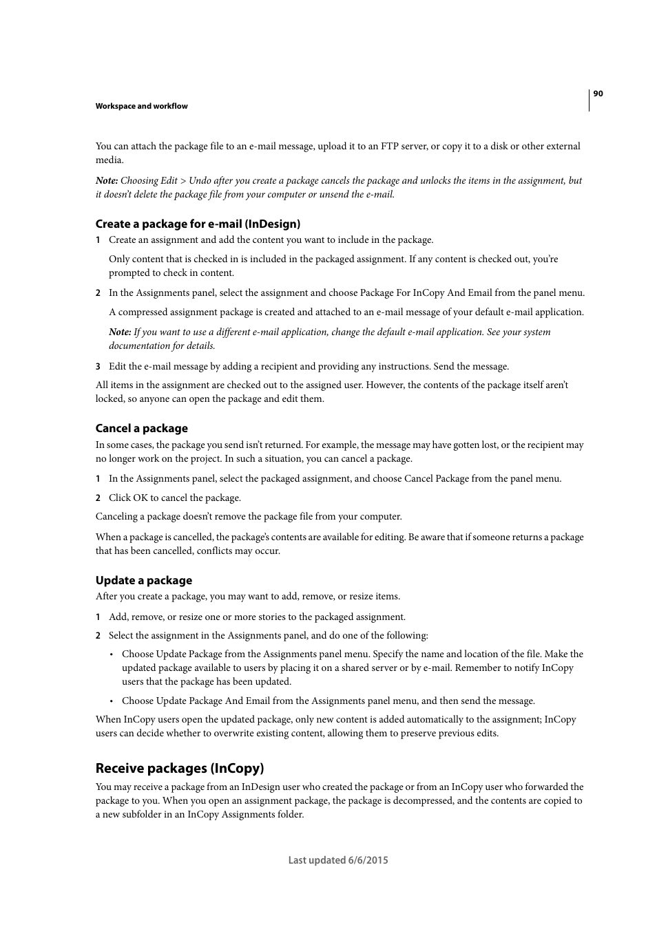 Create a package for e-mail (indesign), Cancel a package, Update a package | Receive packages (incopy) | Adobe InDesign CC 2015 User Manual | Page 95 / 643