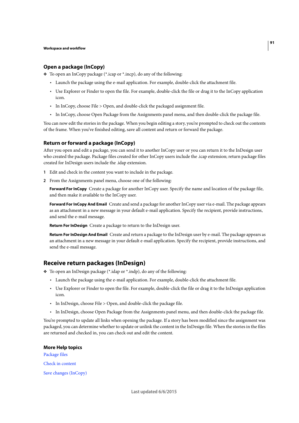 Open a package (incopy), Return or forward a package (incopy), Receive return packages (indesign) | Adobe InDesign CC 2015 User Manual | Page 96 / 643