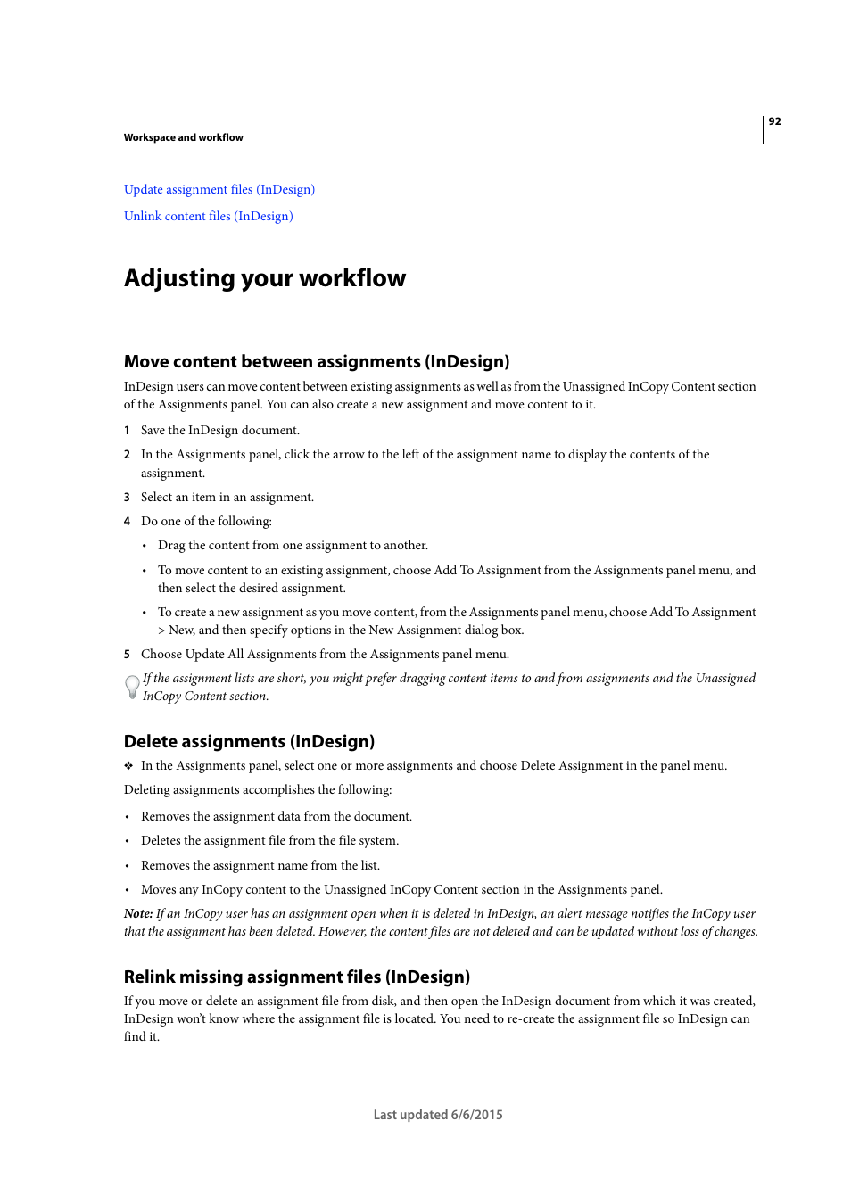 Adjusting your workflow, Move content between assignments (indesign), Delete assignments (indesign) | Relink missing assignment files (indesign) | Adobe InDesign CC 2015 User Manual | Page 97 / 643
