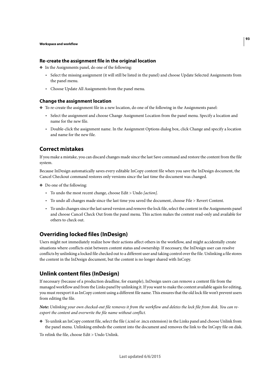 Change the assignment location, Correct mistakes, Overriding locked files (indesign) | Unlink content files (indesign) | Adobe InDesign CC 2015 User Manual | Page 98 / 643