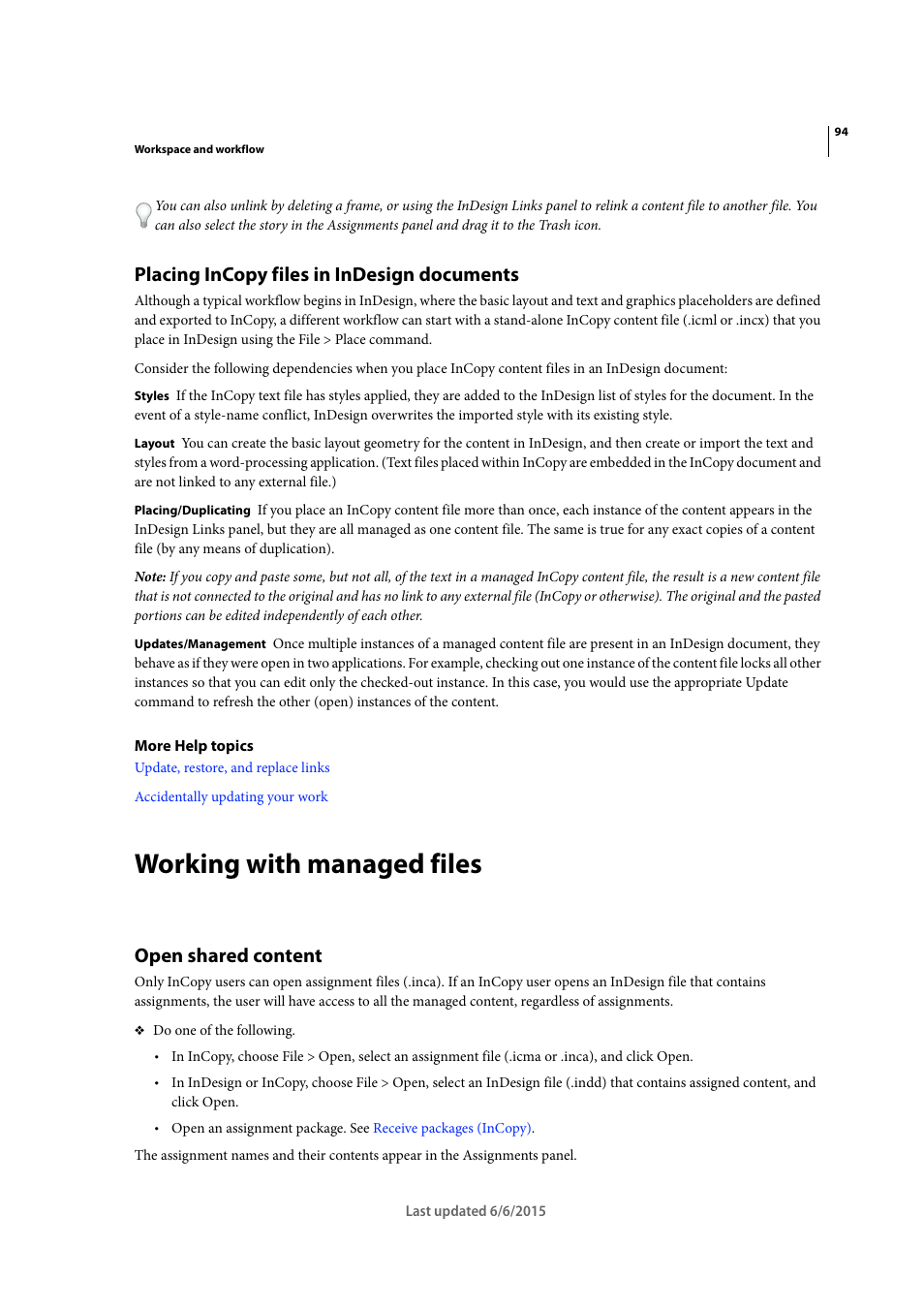 Placing incopy files in indesign documents, Working with managed files, Open shared content | Adobe InDesign CC 2015 User Manual | Page 99 / 643