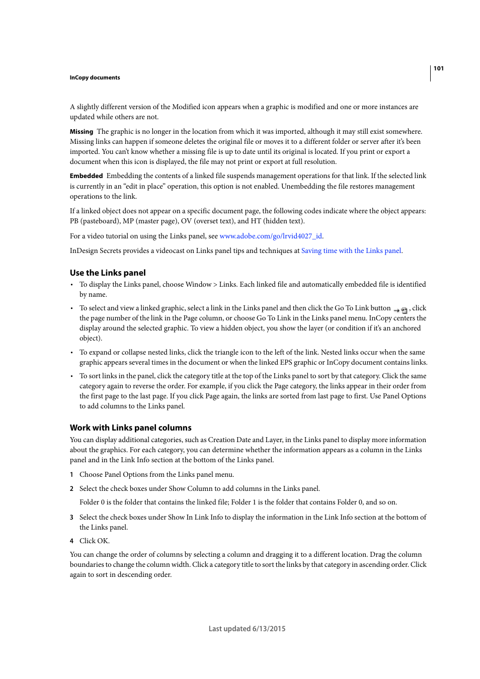 Use the links panel, Work with links panel columns | Adobe InCopy CC 2015 User Manual | Page 104 / 393