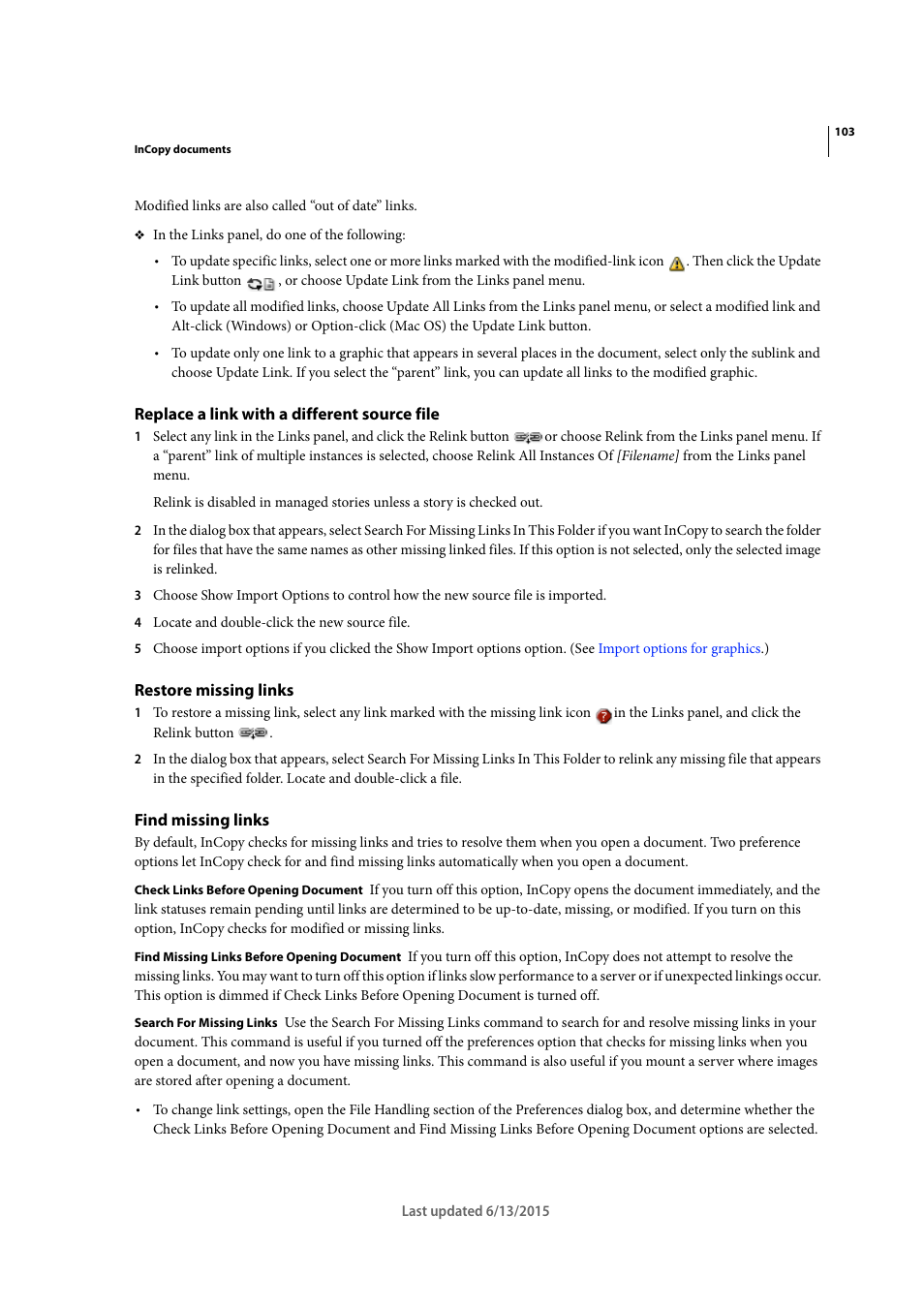 Replace a link with a different source file, Restore missing links, Find missing links | Adobe InCopy CC 2015 User Manual | Page 106 / 393