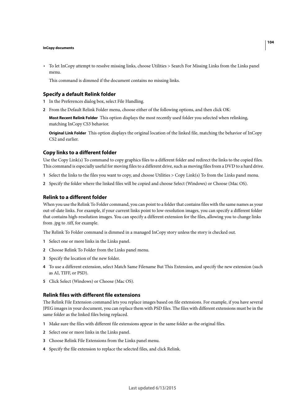 Specify a default relink folder, Copy links to a different folder, Relink to a different folder | Relink files with different file extensions | Adobe InCopy CC 2015 User Manual | Page 107 / 393