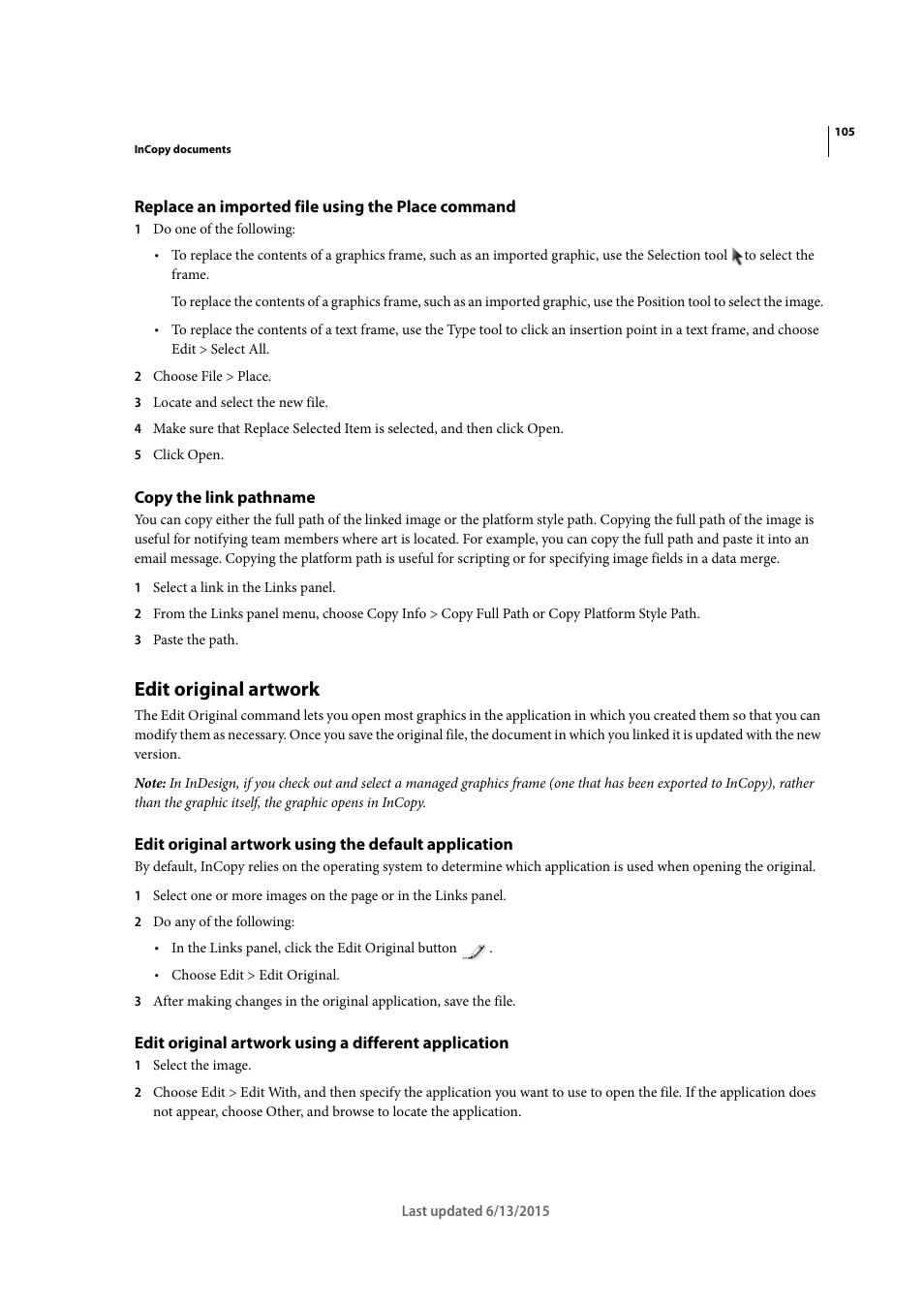 Replace an imported file using the place command, Copy the link pathname, Edit original artwork | Adobe InCopy CC 2015 User Manual | Page 108 / 393