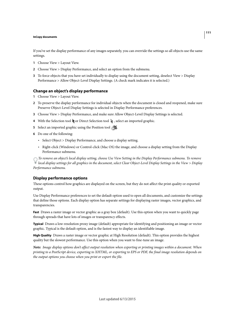 Change an object’s display performance, Display performance options | Adobe InCopy CC 2015 User Manual | Page 114 / 393