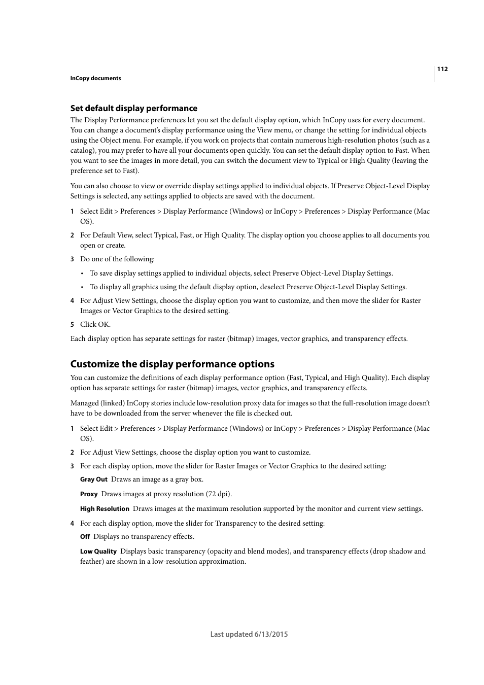 Set default display performance, Customize the display performance options | Adobe InCopy CC 2015 User Manual | Page 115 / 393