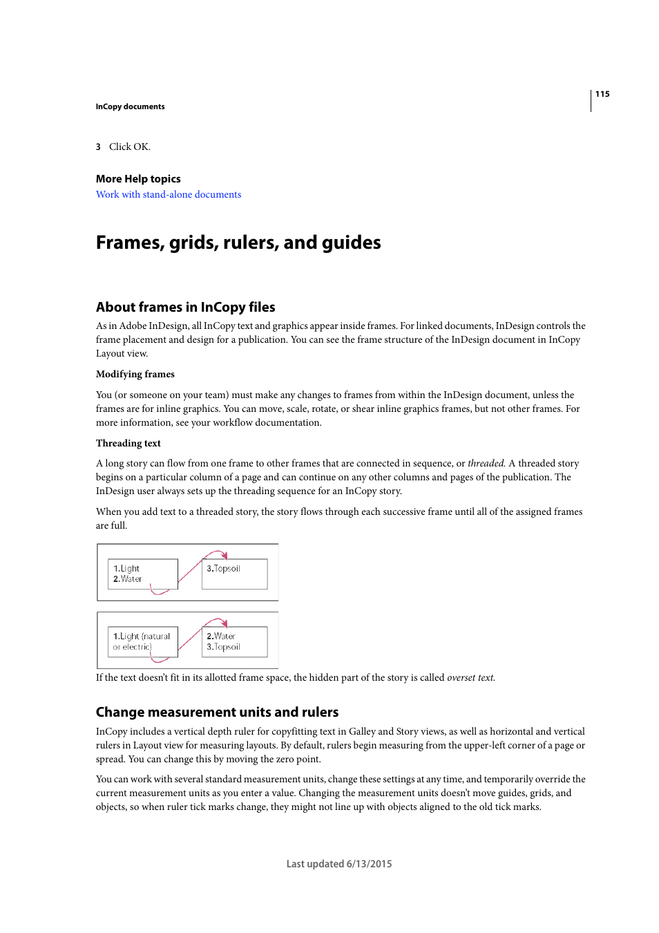 Frames, grids, rulers, and guides, About frames in incopy files, Change measurement units and rulers | Adobe InCopy CC 2015 User Manual | Page 118 / 393