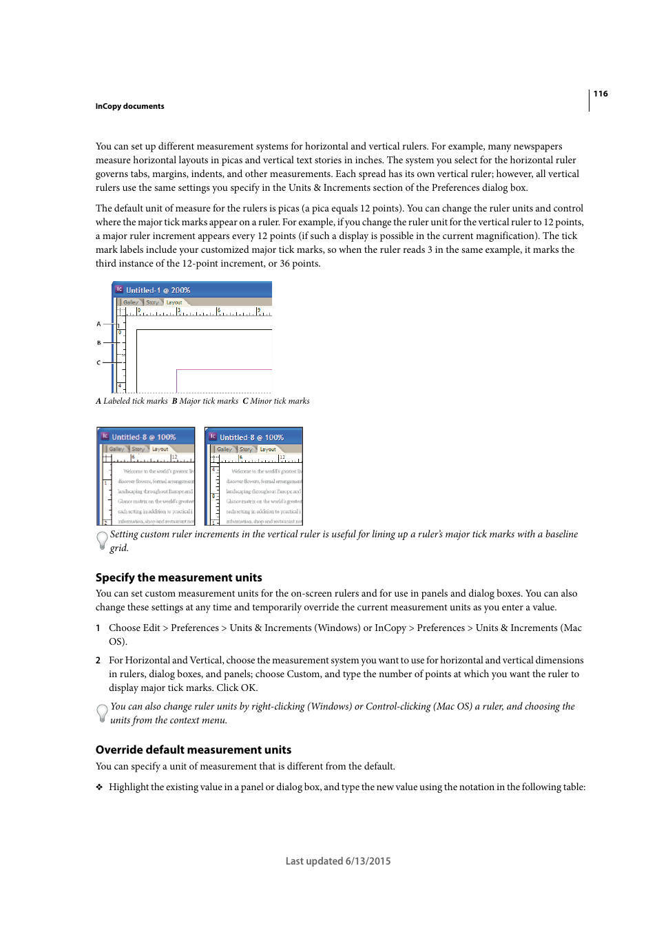 Specify the measurement units, Override default measurement units | Adobe InCopy CC 2015 User Manual | Page 119 / 393