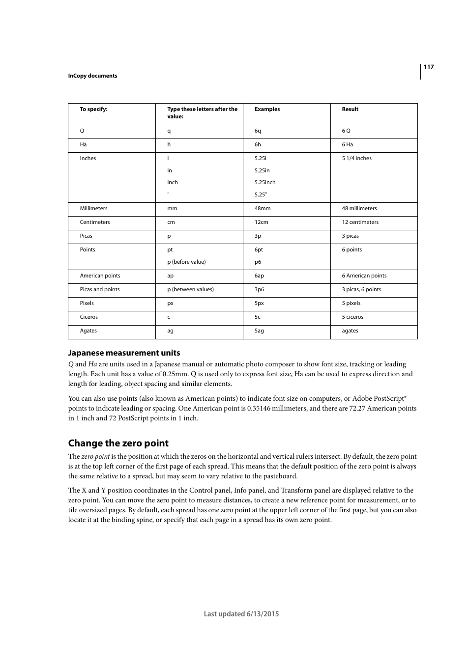 Japanese measurement units, Change the zero point | Adobe InCopy CC 2015 User Manual | Page 120 / 393