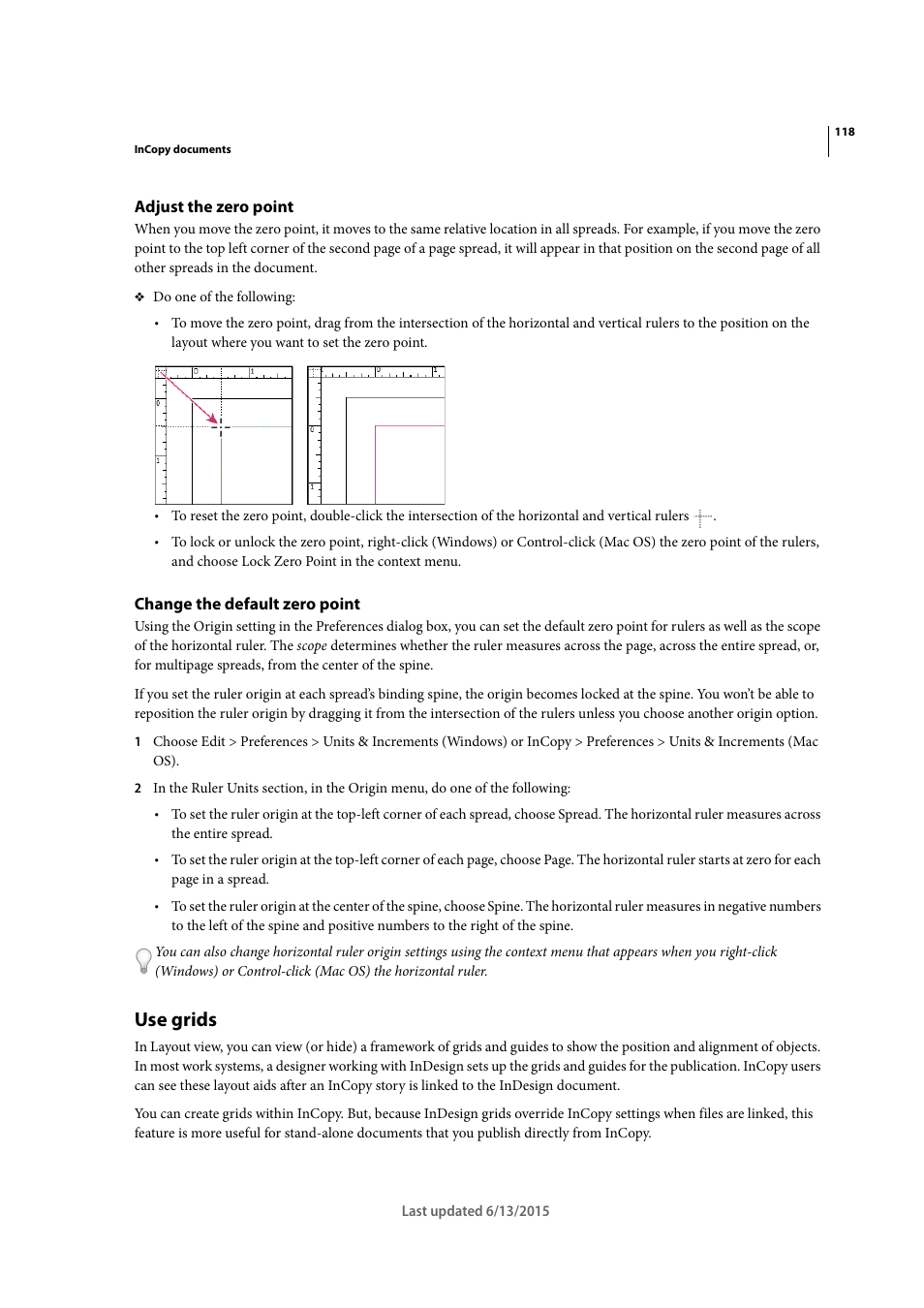 Adjust the zero point, Change the default zero point, Use grids | Adobe InCopy CC 2015 User Manual | Page 121 / 393