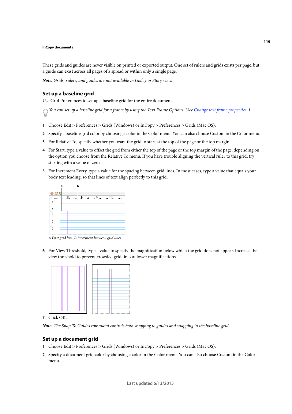 Set up a baseline grid, Set up a document grid | Adobe InCopy CC 2015 User Manual | Page 122 / 393