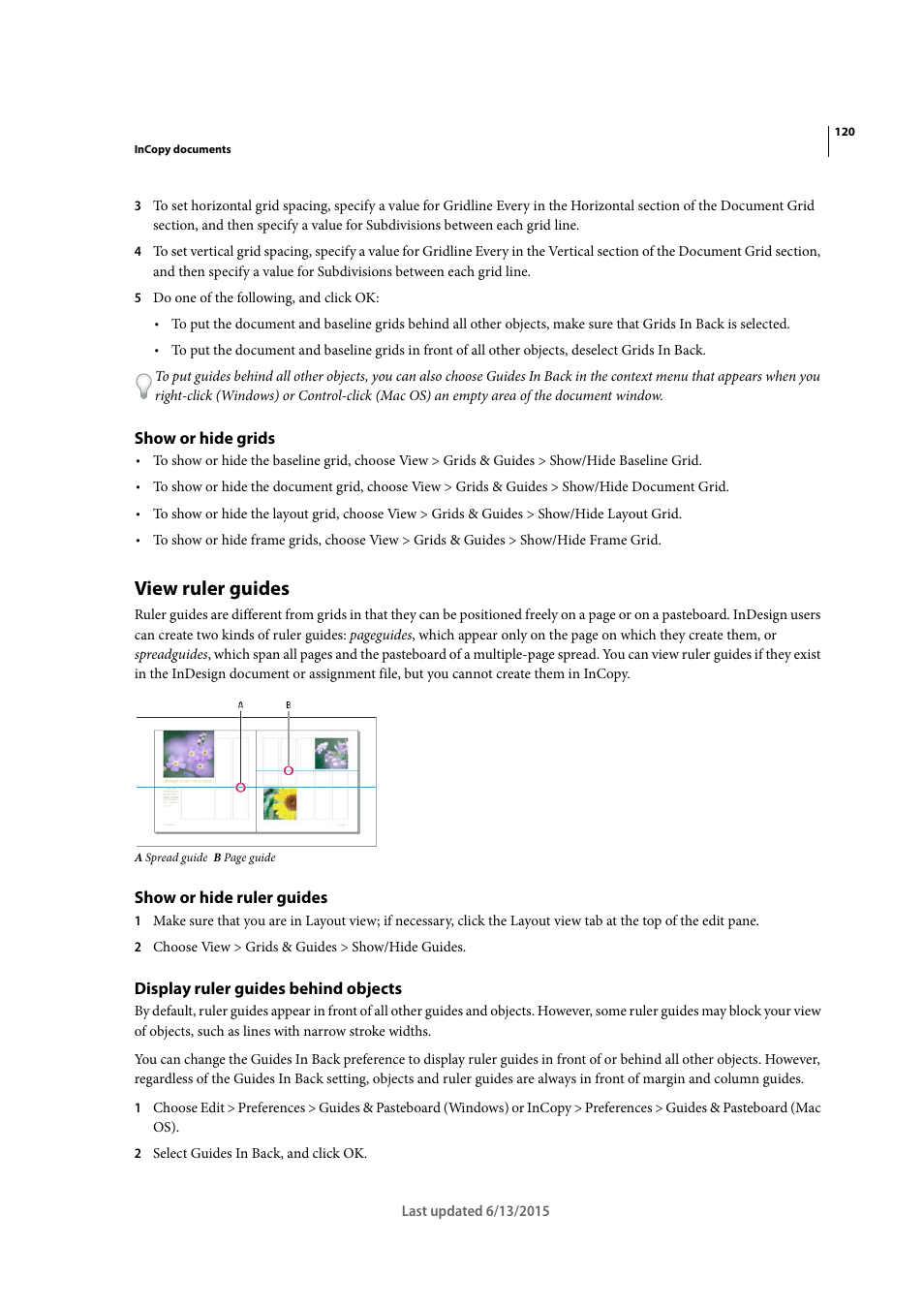 Show or hide grids, View ruler guides, Show or hide ruler guides | Display ruler guides behind objects | Adobe InCopy CC 2015 User Manual | Page 123 / 393