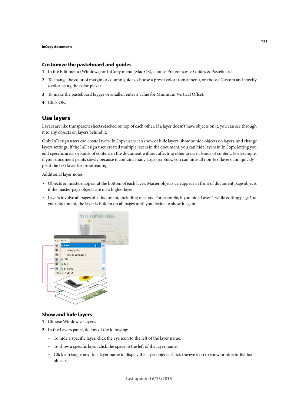 Customize the pasteboard and guides, Use layers, Show and hide layers | Adobe InCopy CC 2015 User Manual | Page 124 / 393