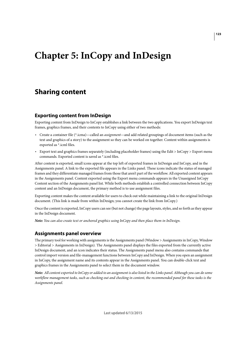 Chapter 5: incopy and indesign, Sharing content, Exporting content from indesign | Assignments panel overview | Adobe InCopy CC 2015 User Manual | Page 126 / 393