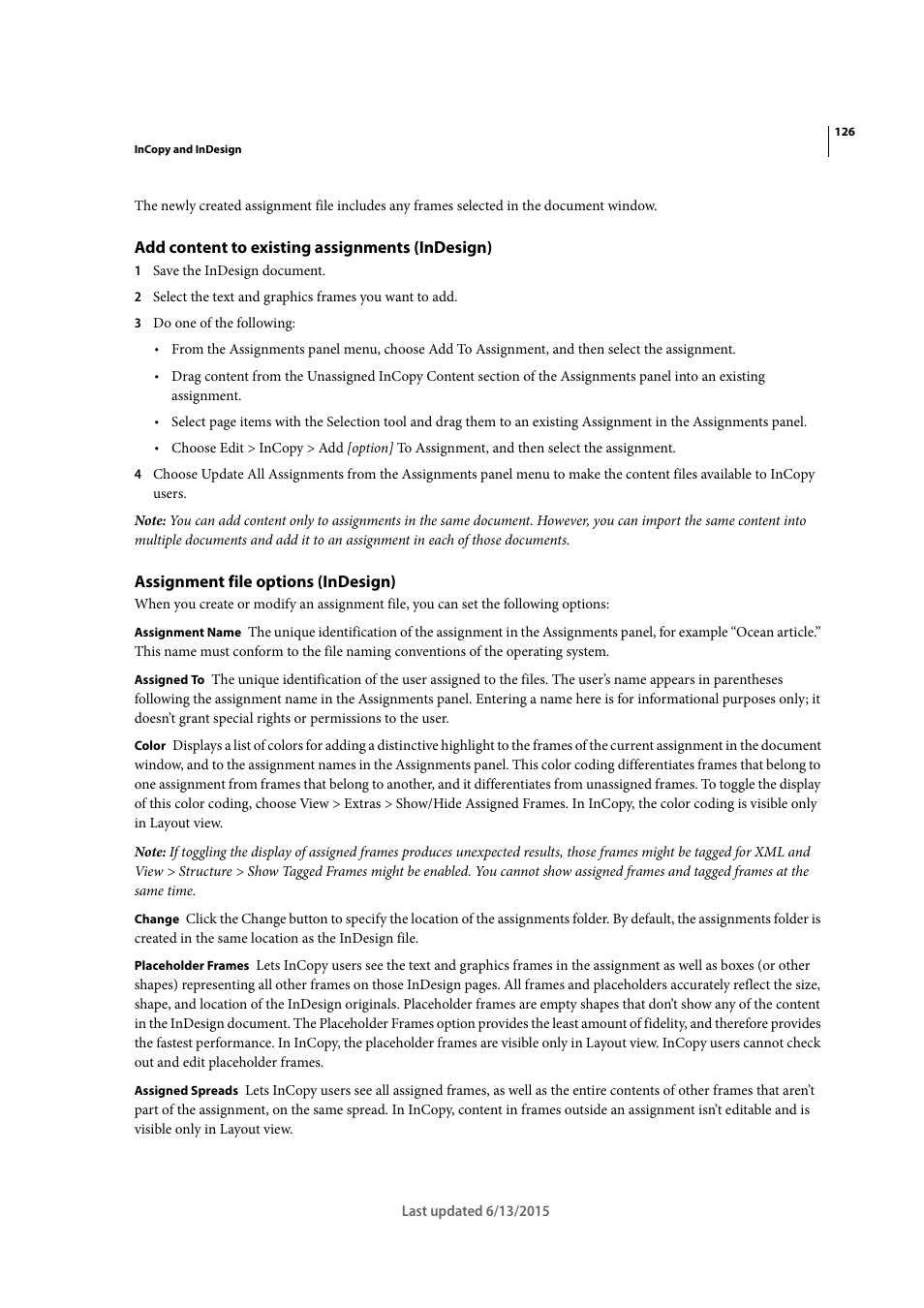 Add content to existing assignments (indesign), Assignment file options (indesign) | Adobe InCopy CC 2015 User Manual | Page 129 / 393