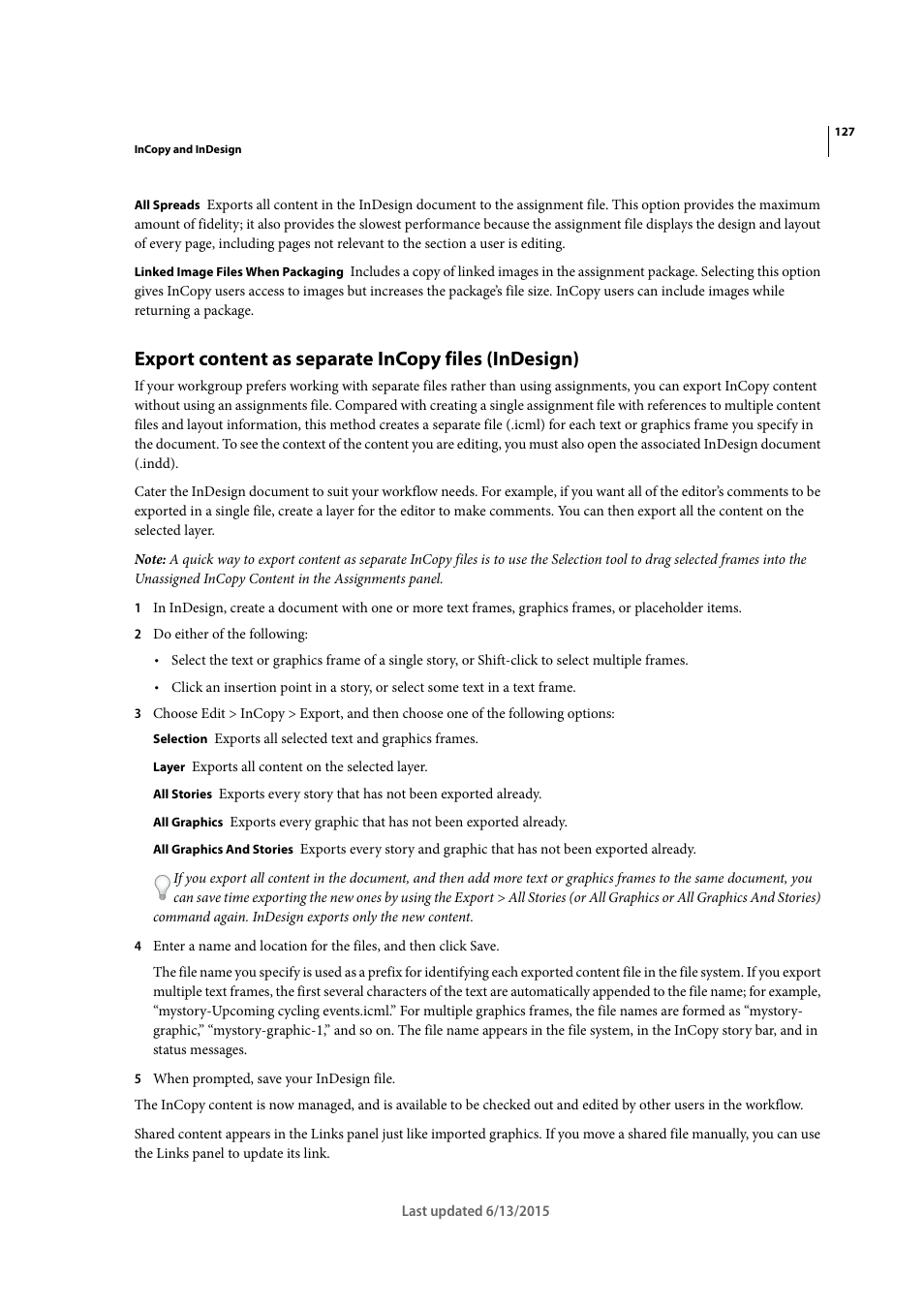 Export content as separate incopy files (indesign) | Adobe InCopy CC 2015 User Manual | Page 130 / 393