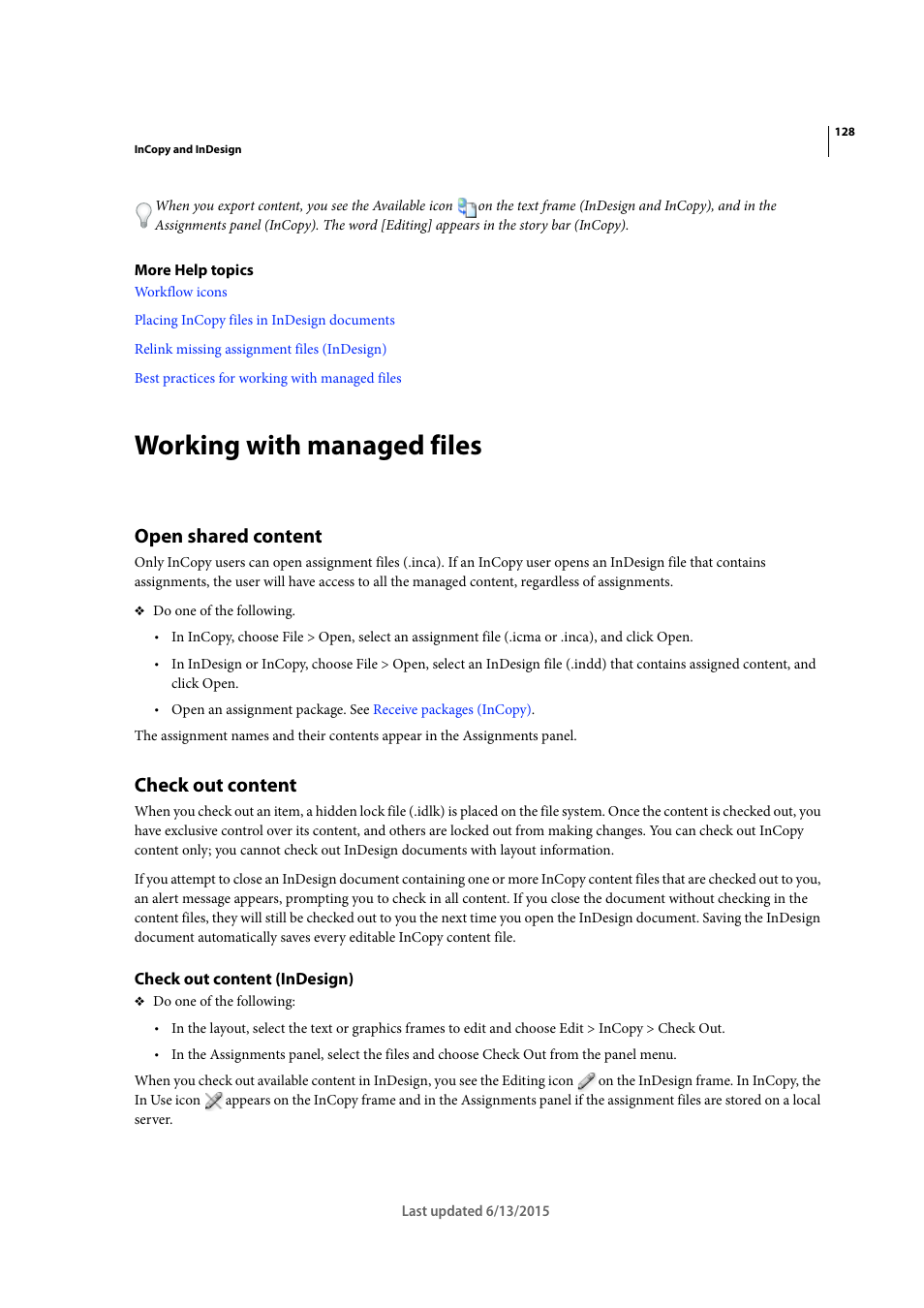 Working with managed files, Open shared content, Check out content | Check out content (indesign) | Adobe InCopy CC 2015 User Manual | Page 131 / 393