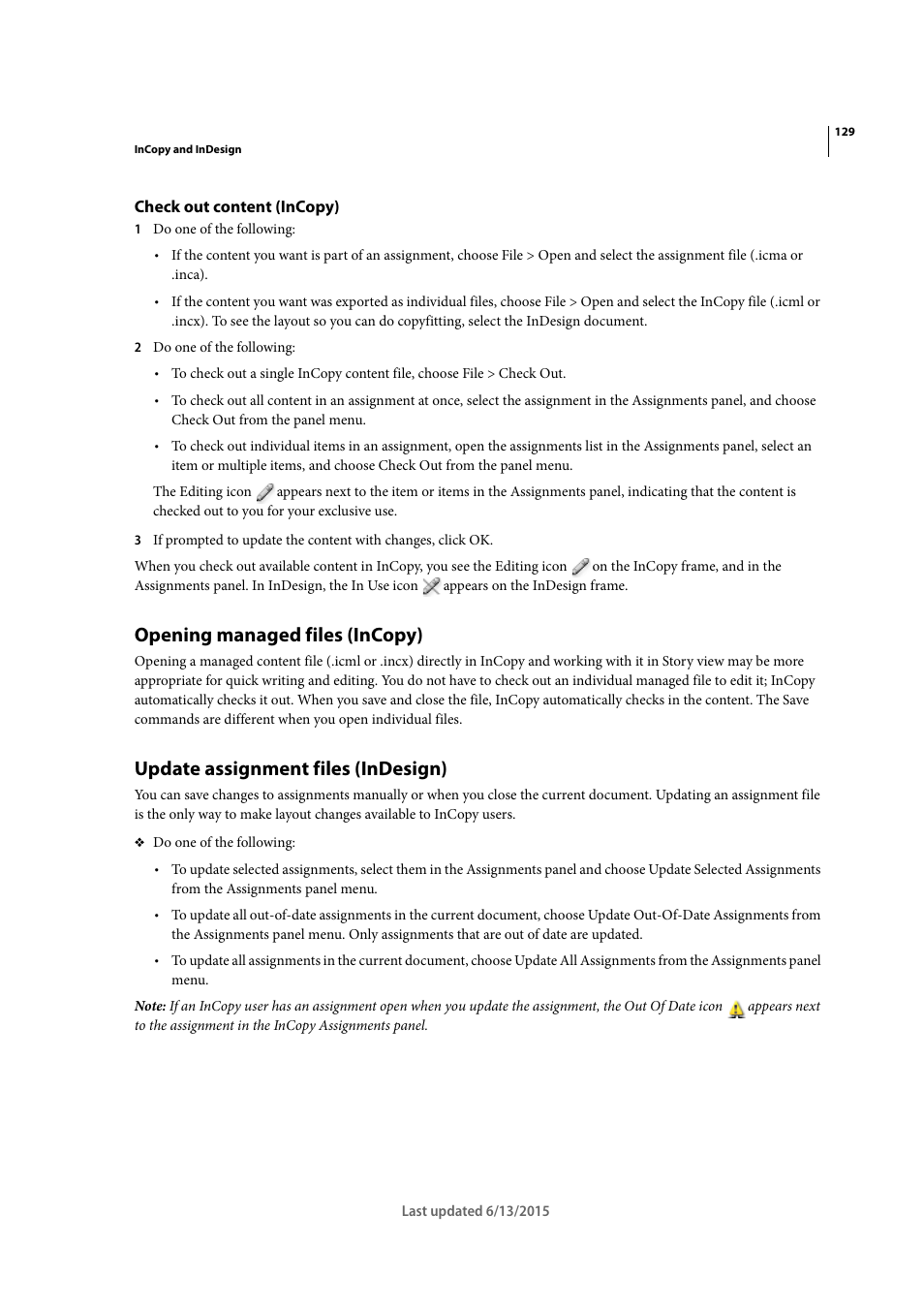 Check out content (incopy), Opening managed files (incopy), Update assignment files (indesign) | Adobe InCopy CC 2015 User Manual | Page 132 / 393
