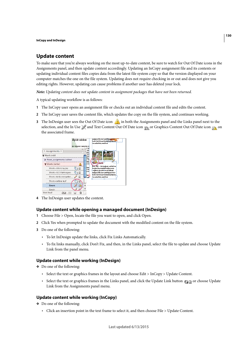 Update content, Update content while working (indesign), Update content while working (incopy) | Adobe InCopy CC 2015 User Manual | Page 133 / 393