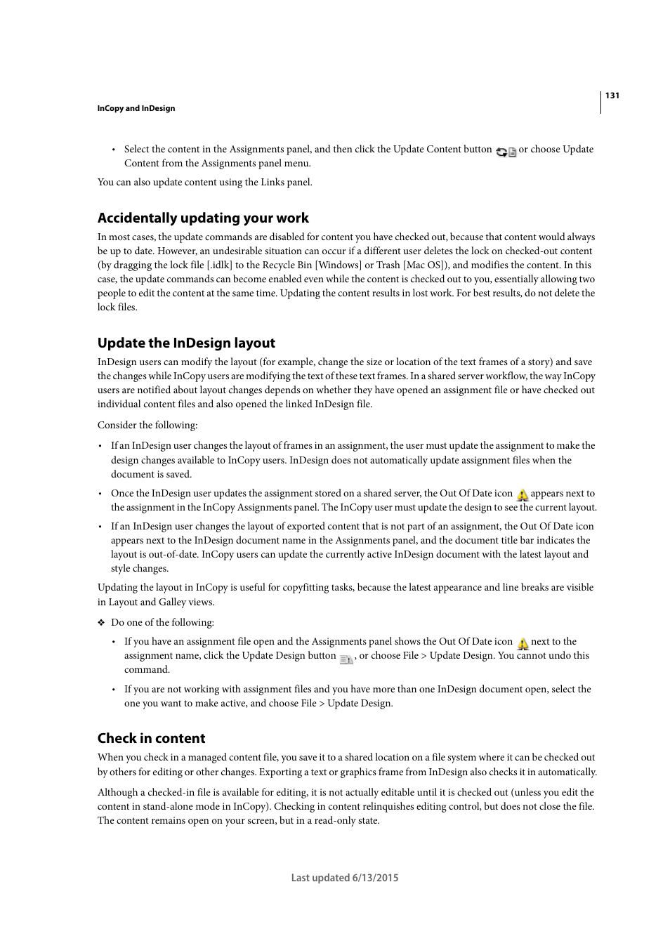 Accidentally updating your work, Update the indesign layout, Check in content | Adobe InCopy CC 2015 User Manual | Page 134 / 393