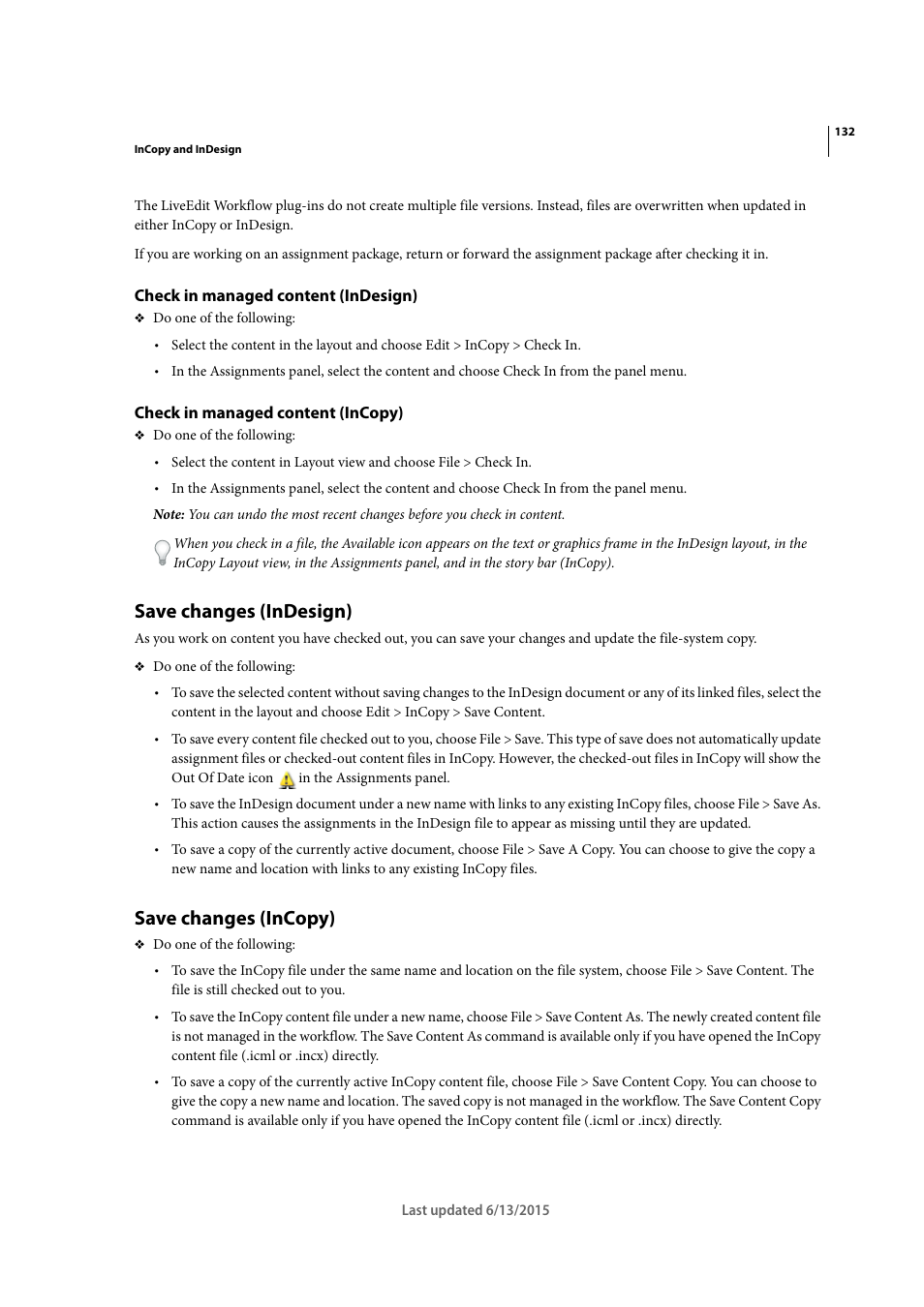 Check in managed content (indesign), Check in managed content (incopy), Save changes (indesign) | Save changes (incopy) | Adobe InCopy CC 2015 User Manual | Page 135 / 393