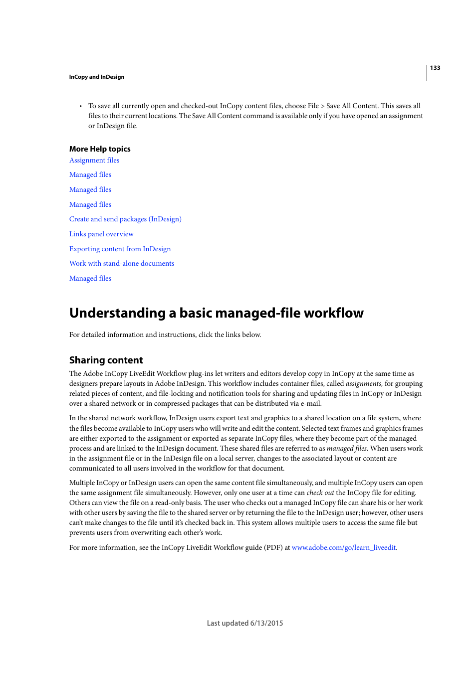 Understanding a basic managed-file workflow, Sharing content | Adobe InCopy CC 2015 User Manual | Page 136 / 393