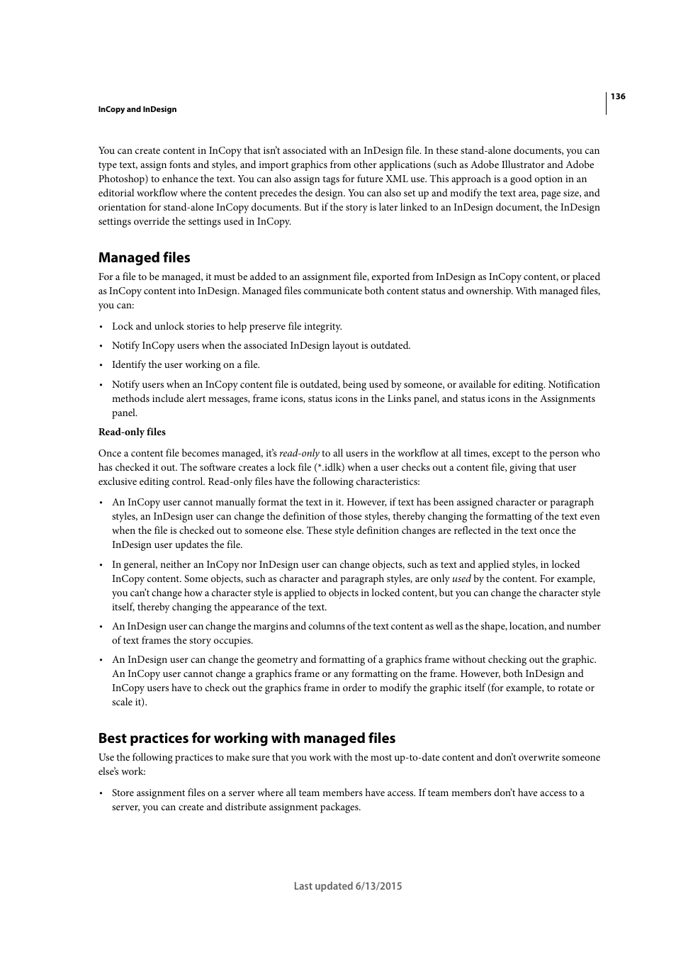 Managed files, Best practices for working with managed files | Adobe InCopy CC 2015 User Manual | Page 139 / 393