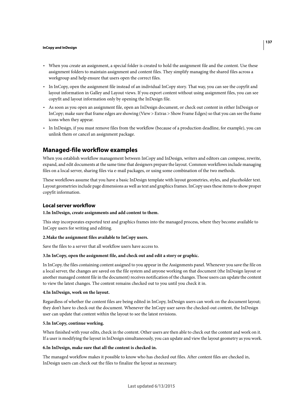 Managed-file workflow examples, Local server workflow | Adobe InCopy CC 2015 User Manual | Page 140 / 393