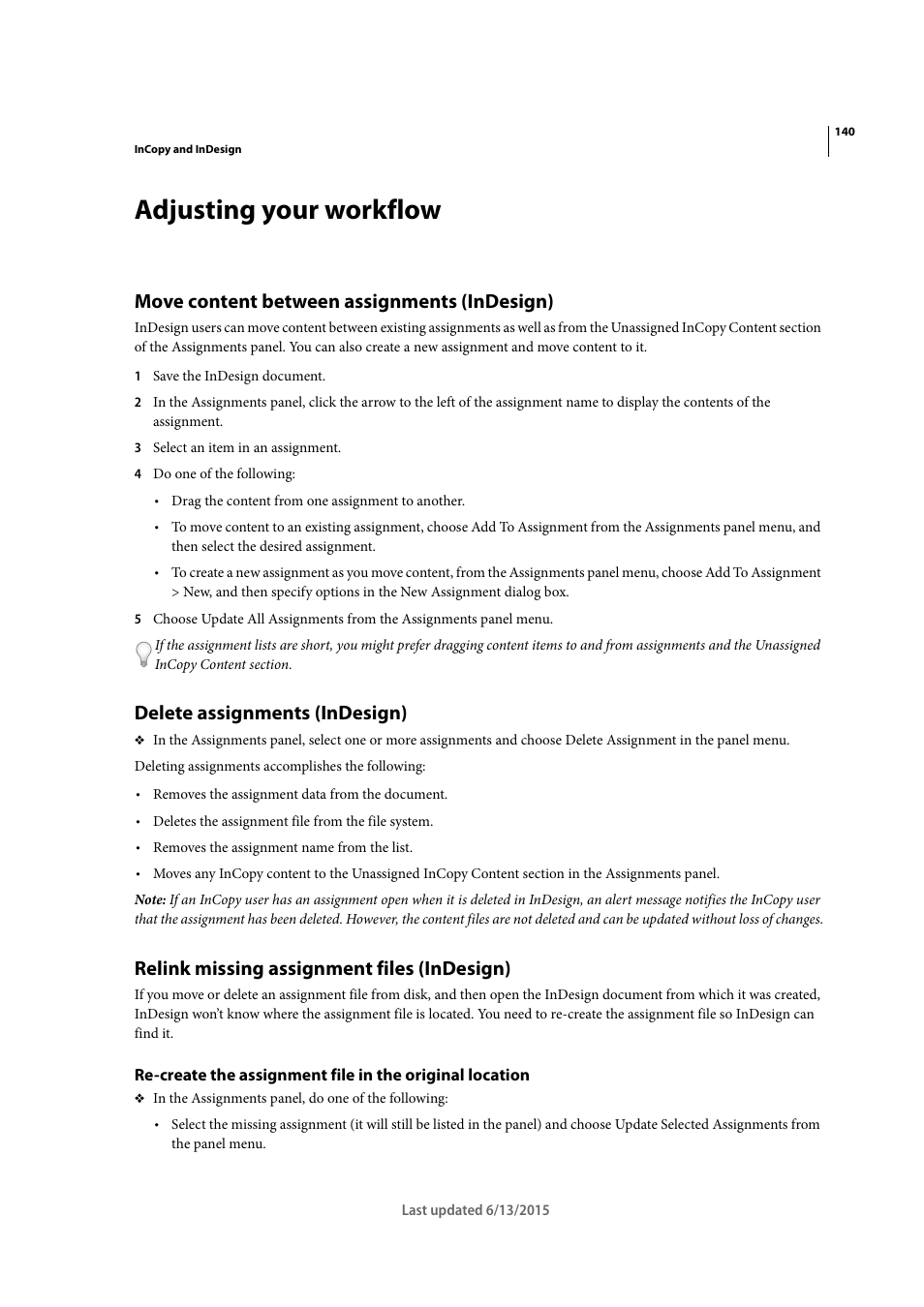 Adjusting your workflow, Move content between assignments (indesign), Delete assignments (indesign) | Relink missing assignment files (indesign) | Adobe InCopy CC 2015 User Manual | Page 143 / 393