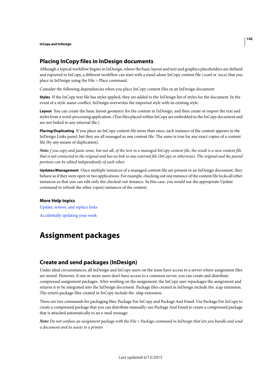 Placing incopy files in indesign documents, Assignment packages, Create and send packages (indesign) | Adobe InCopy CC 2015 User Manual | Page 145 / 393