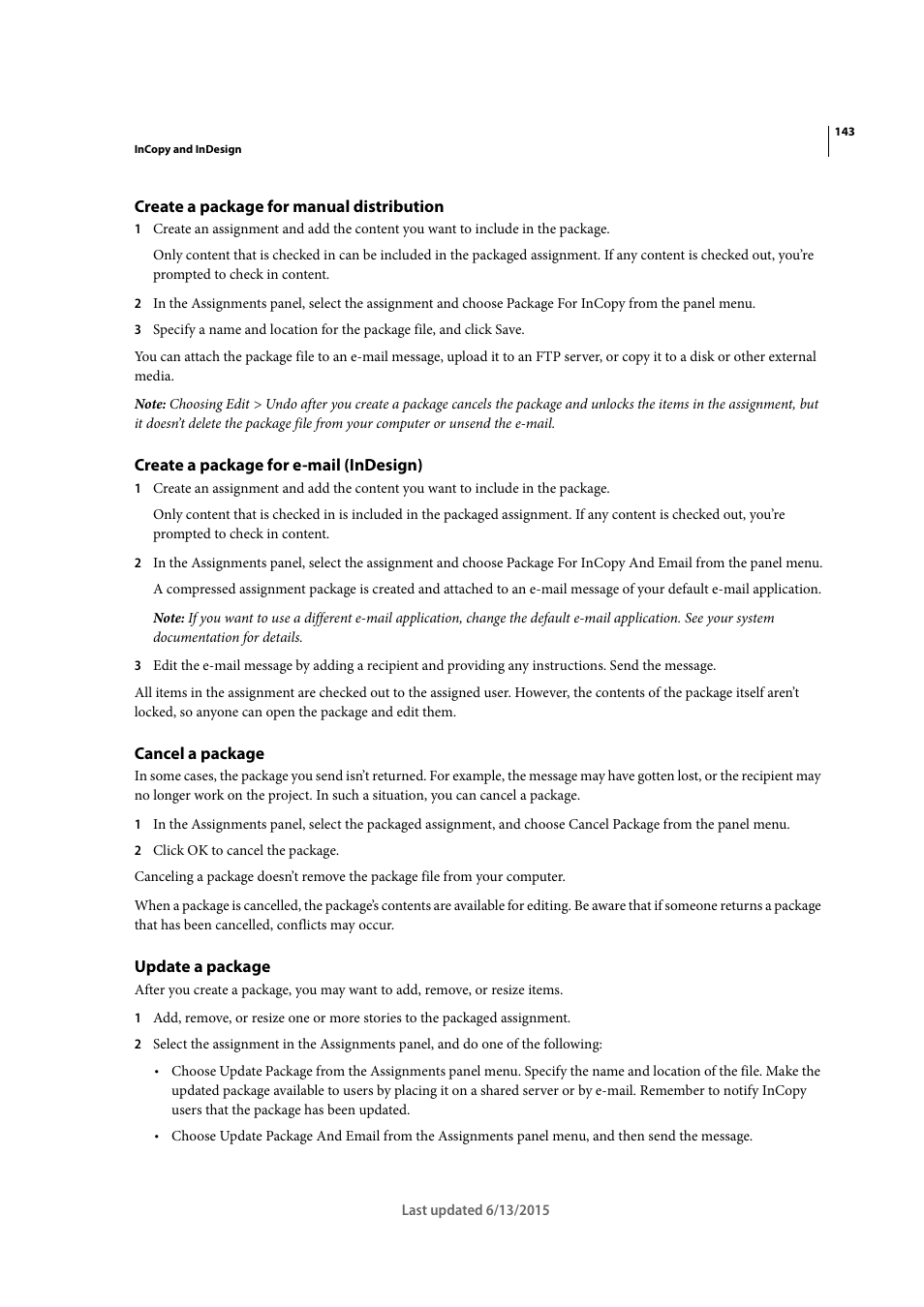 Create a package for manual distribution, Create a package for e-mail (indesign), Cancel a package | Update a package | Adobe InCopy CC 2015 User Manual | Page 146 / 393