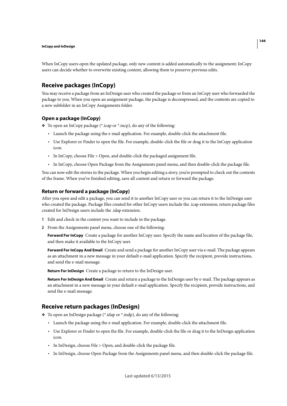 Receive packages (incopy), Open a package (incopy), Return or forward a package (incopy) | Receive return packages (indesign) | Adobe InCopy CC 2015 User Manual | Page 147 / 393