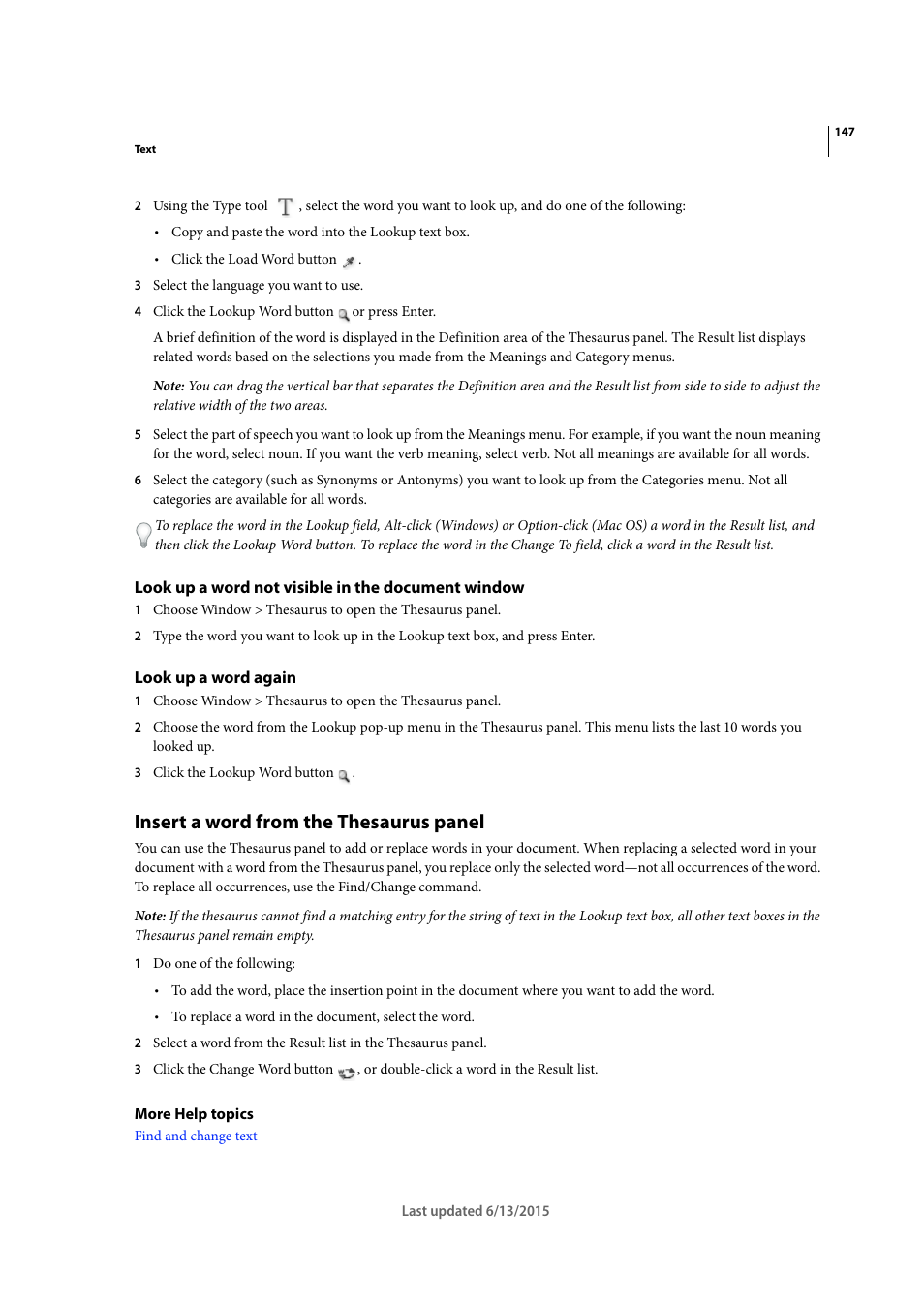 Look up a word not visible in the document window, Look up a word again, Insert a word from the thesaurus panel | Adobe InCopy CC 2015 User Manual | Page 150 / 393