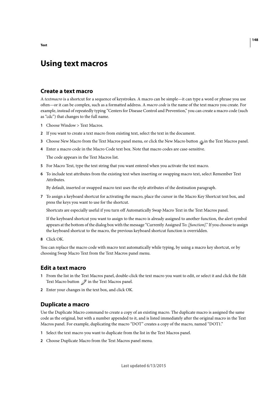 Using text macros, Create a text macro, Edit a text macro | Duplicate a macro | Adobe InCopy CC 2015 User Manual | Page 151 / 393
