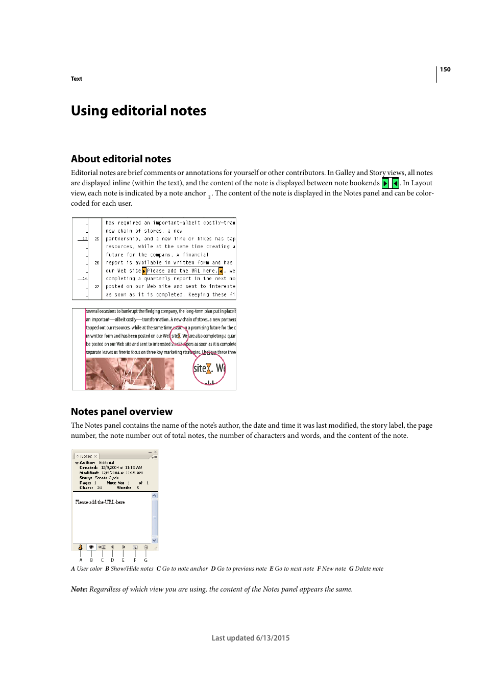 Using editorial notes, About editorial notes, Notes panel overview | Adobe InCopy CC 2015 User Manual | Page 153 / 393