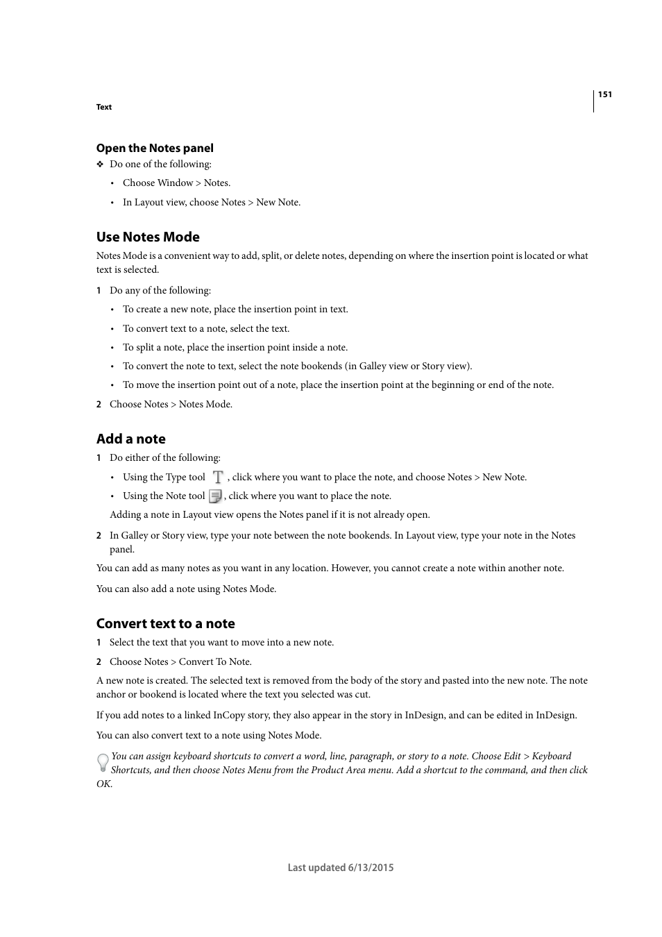 Open the notes panel, Use notes mode, Add a note | Convert text to a note | Adobe InCopy CC 2015 User Manual | Page 154 / 393