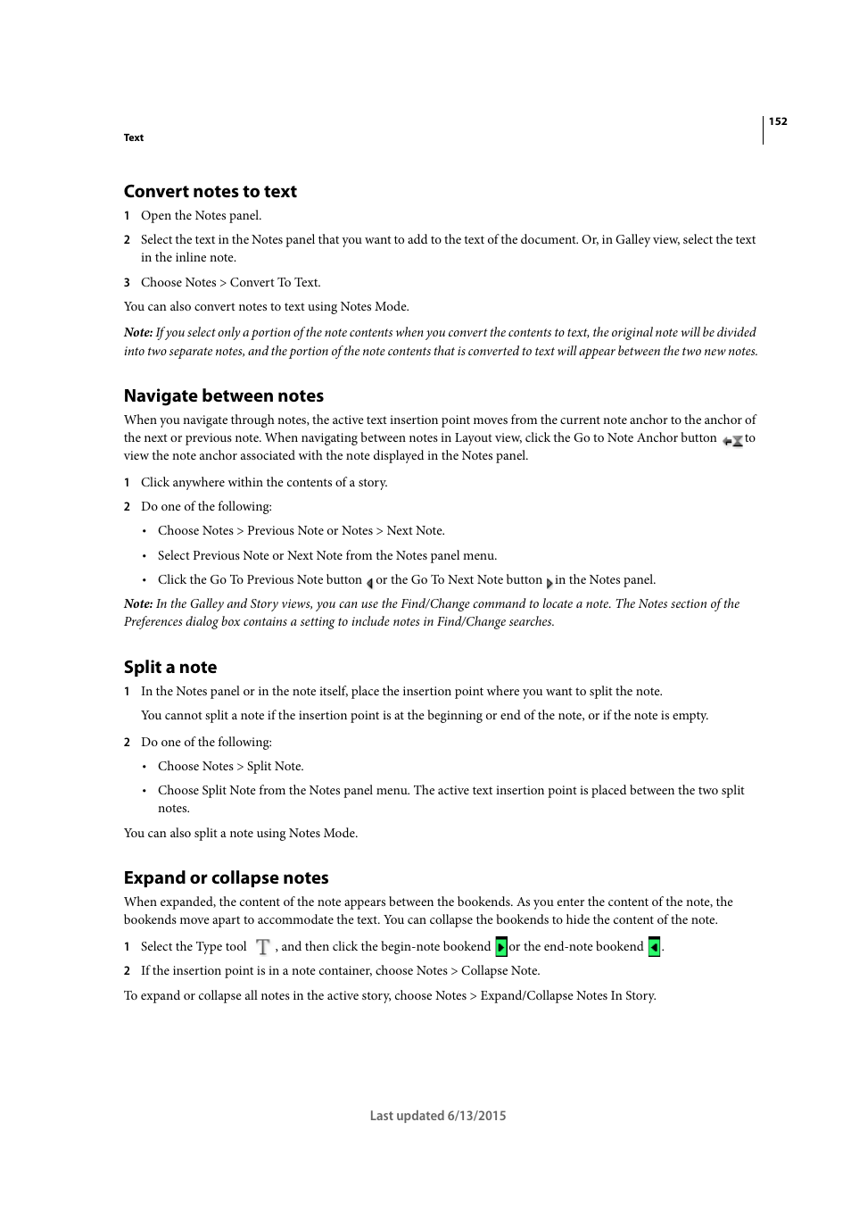 Convert notes to text, Navigate between notes, Split a note | Expand or collapse notes | Adobe InCopy CC 2015 User Manual | Page 155 / 393