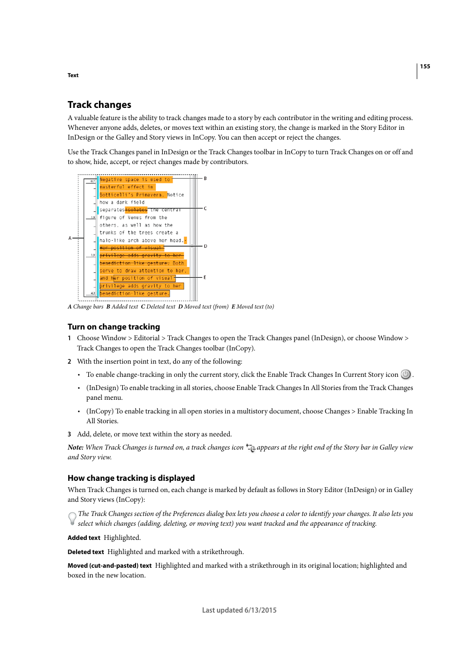 Track changes, Turn on change tracking, How change tracking is displayed | Adobe InCopy CC 2015 User Manual | Page 158 / 393