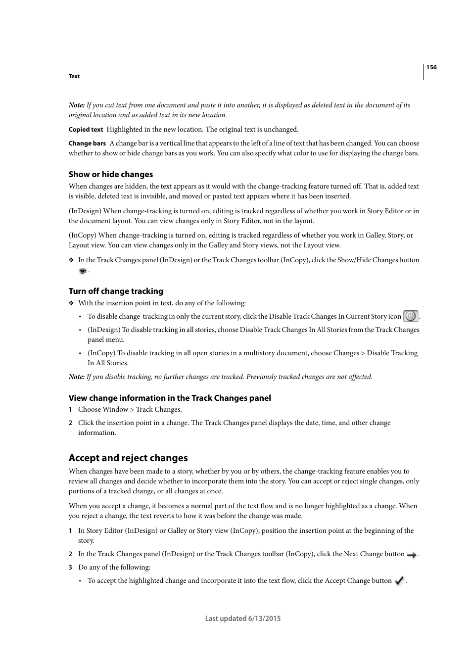 Show or hide changes, Turn off change tracking, View change information in the track changes panel | Accept and reject changes | Adobe InCopy CC 2015 User Manual | Page 159 / 393