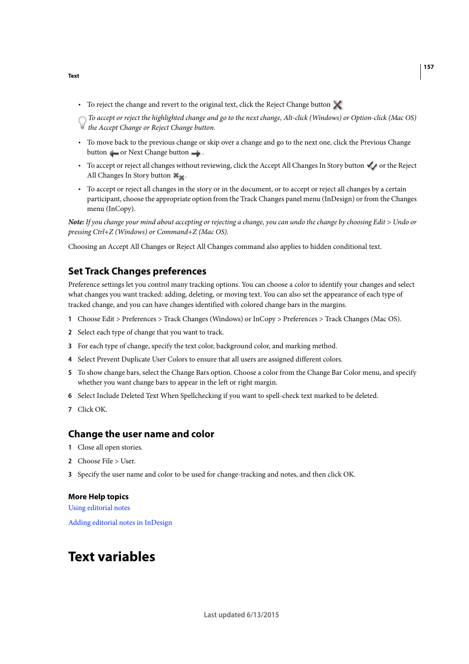 Set track changes preferences, Change the user name and color, Text variables | Adobe InCopy CC 2015 User Manual | Page 160 / 393